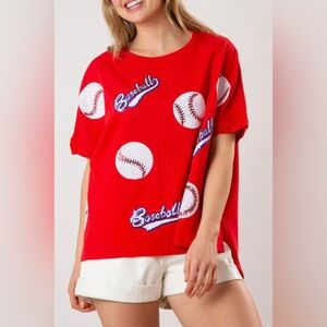 Fantastic Fawn Red Sequin Baseball Loose Fit Tee Size Small NWOT